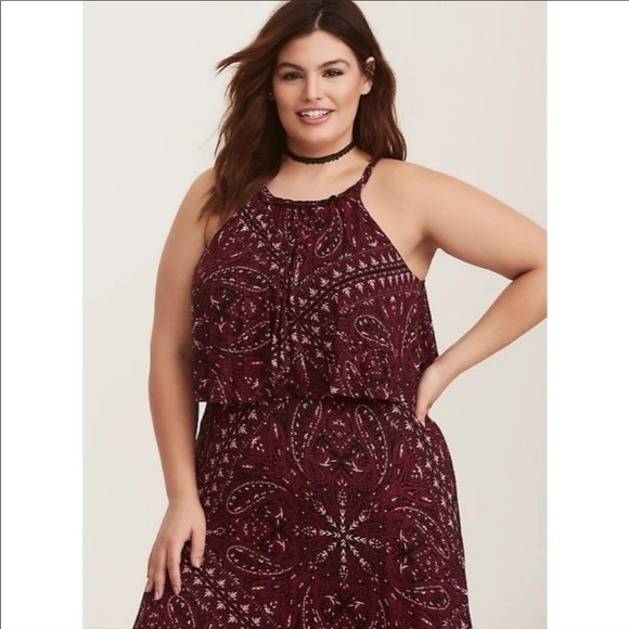 🎉HP🎉 Torrid Drape Top Halter Neck Burgundy Maxi Dress, Size 0 - Picture 2 of 14